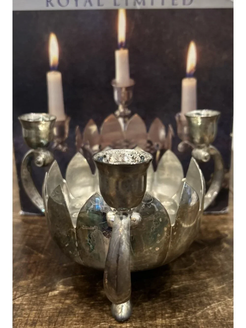 Vintage Silver Plate Lotus Flower Frog Candlabra Table Centerpiece Royal Limited